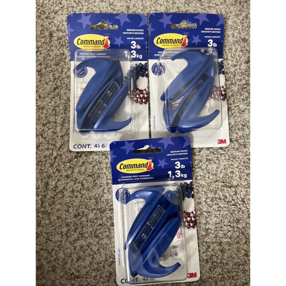 3 Packs 3M Command 12 Medium Designer Hooks & 18 Adhesive Strips Max 3 lb
